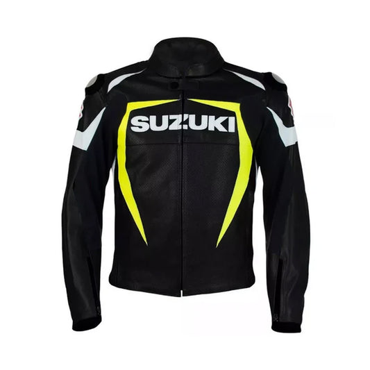 Front of Men's Suzuki Racing Black Leather Jacket with Neon Yellow
