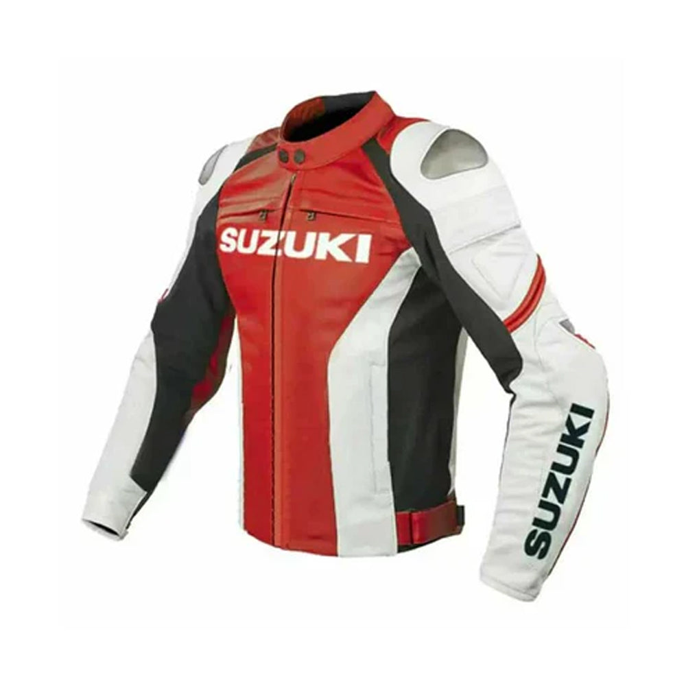 Front of Men's Suzuki Racing Cowhide Leather Jacket in Red and White