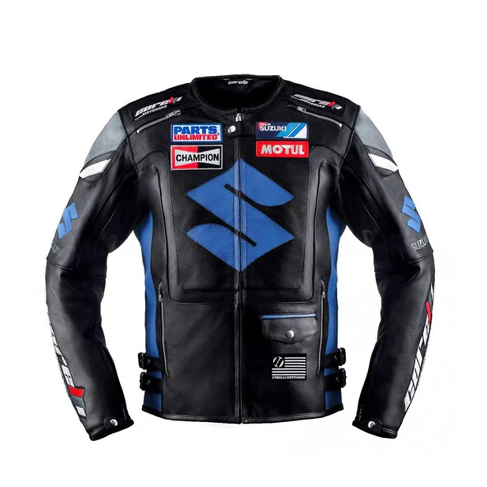 Front of Men's Suzuki Racing Leather Jacket in Black and Blue Colors