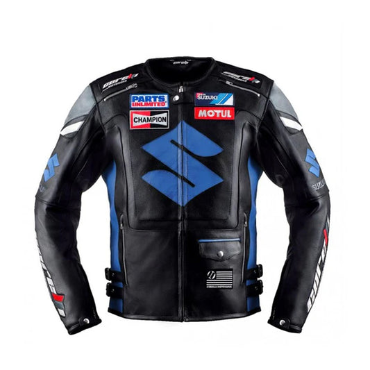 Front of Men's Suzuki Racing Leather Jacket in Black and Blue Colors
