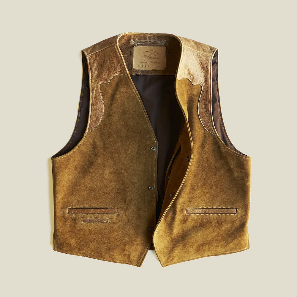 Open front view of men’s tan CCW suede vest displaying three snap positions, welt pockets and cotton lining