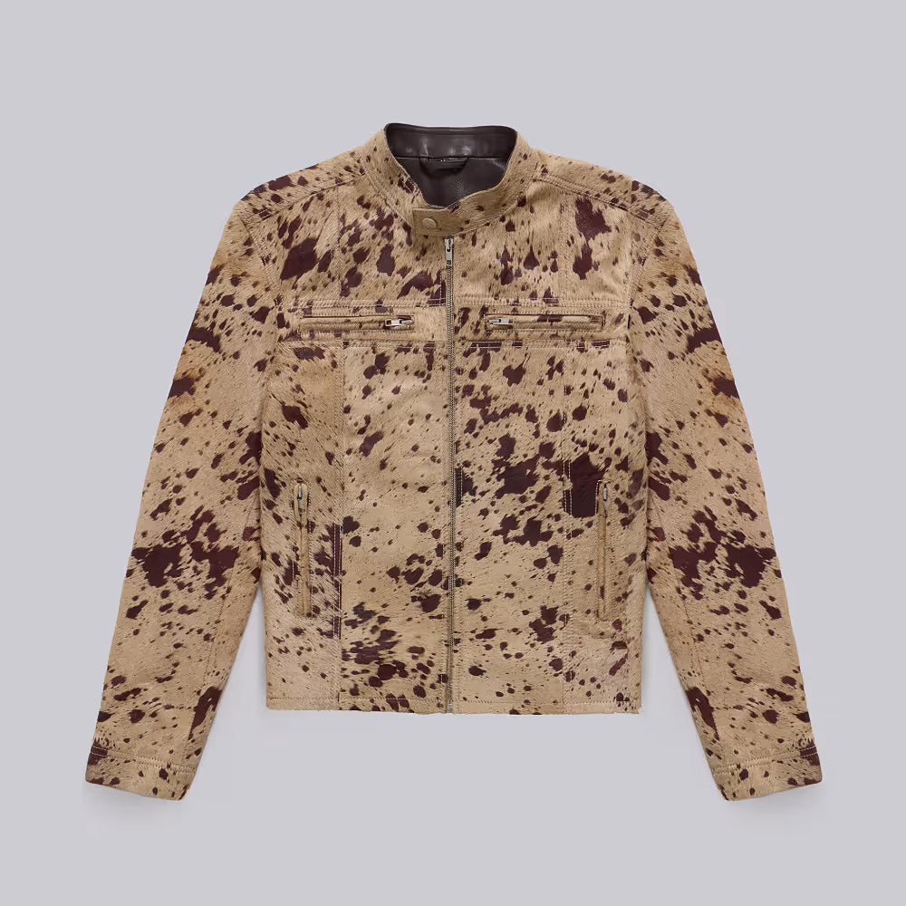 Front view of men’s tan speckled hair-on cowhide racer jacket with four zip pockets and stand collar