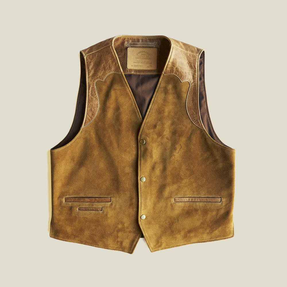 Front view of men’s tan steerhide suede ranch vest with scalloped leather yokes, three brass snaps and welt pockets