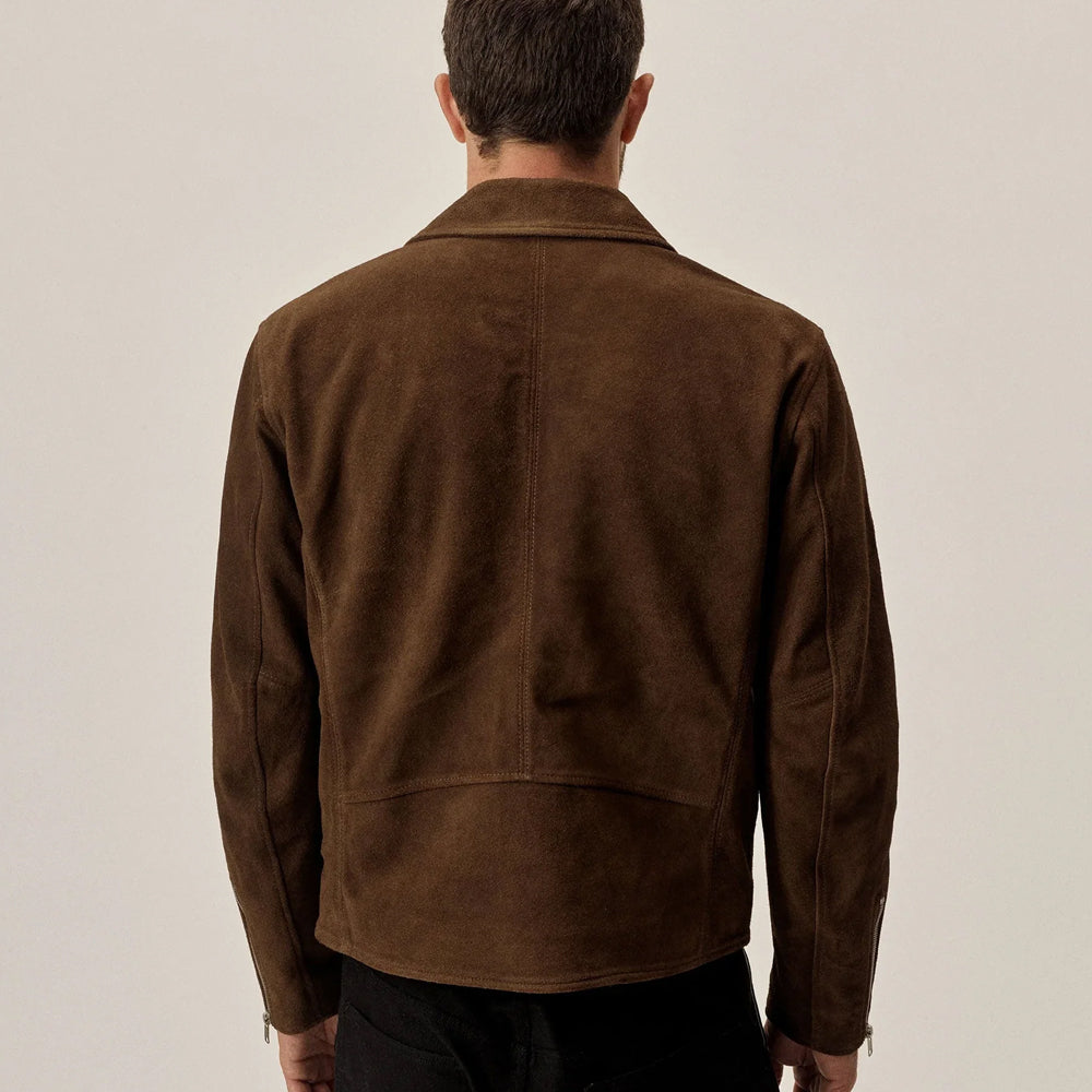 Back view of men's tobacco brown goatskin suede biker jacket with center seam and zip cuffs