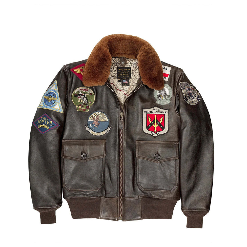 Front view of men's Top Gun G-1 cowhide flight jacket with embroidered military patches and removable shearling collar.