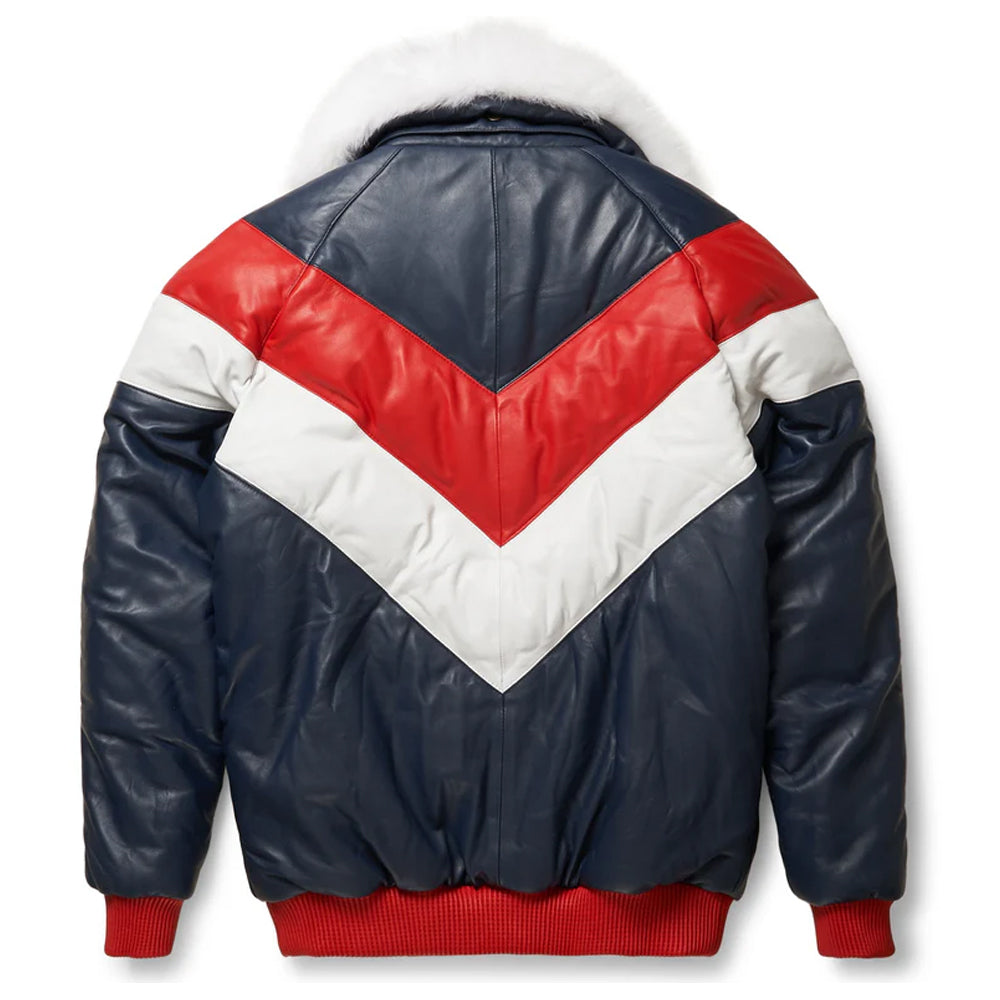 Rear profile view of the tri-color leather V-bomber down coat displaying the navy blue red and white chevron quilting.