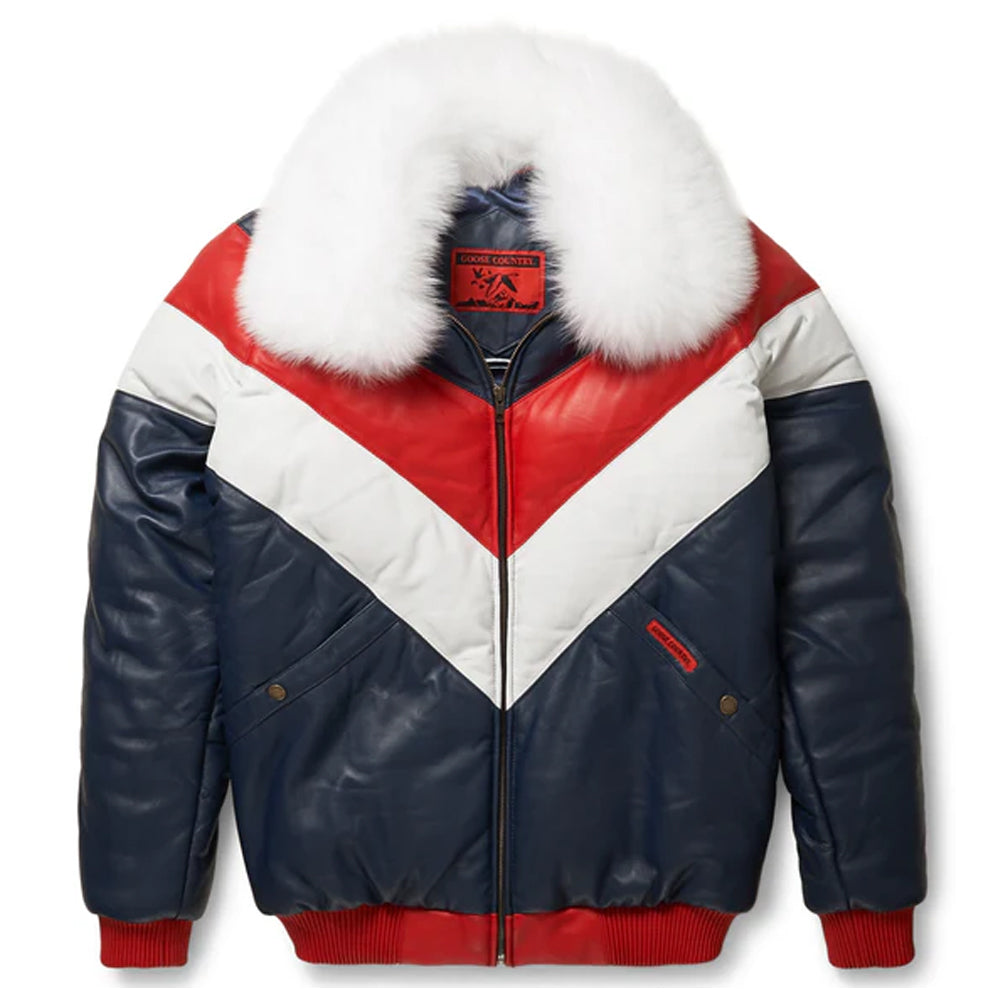 Front view of the men's tri-color navy red and white leather V-bomber jacket featuring a white fox fur collar.