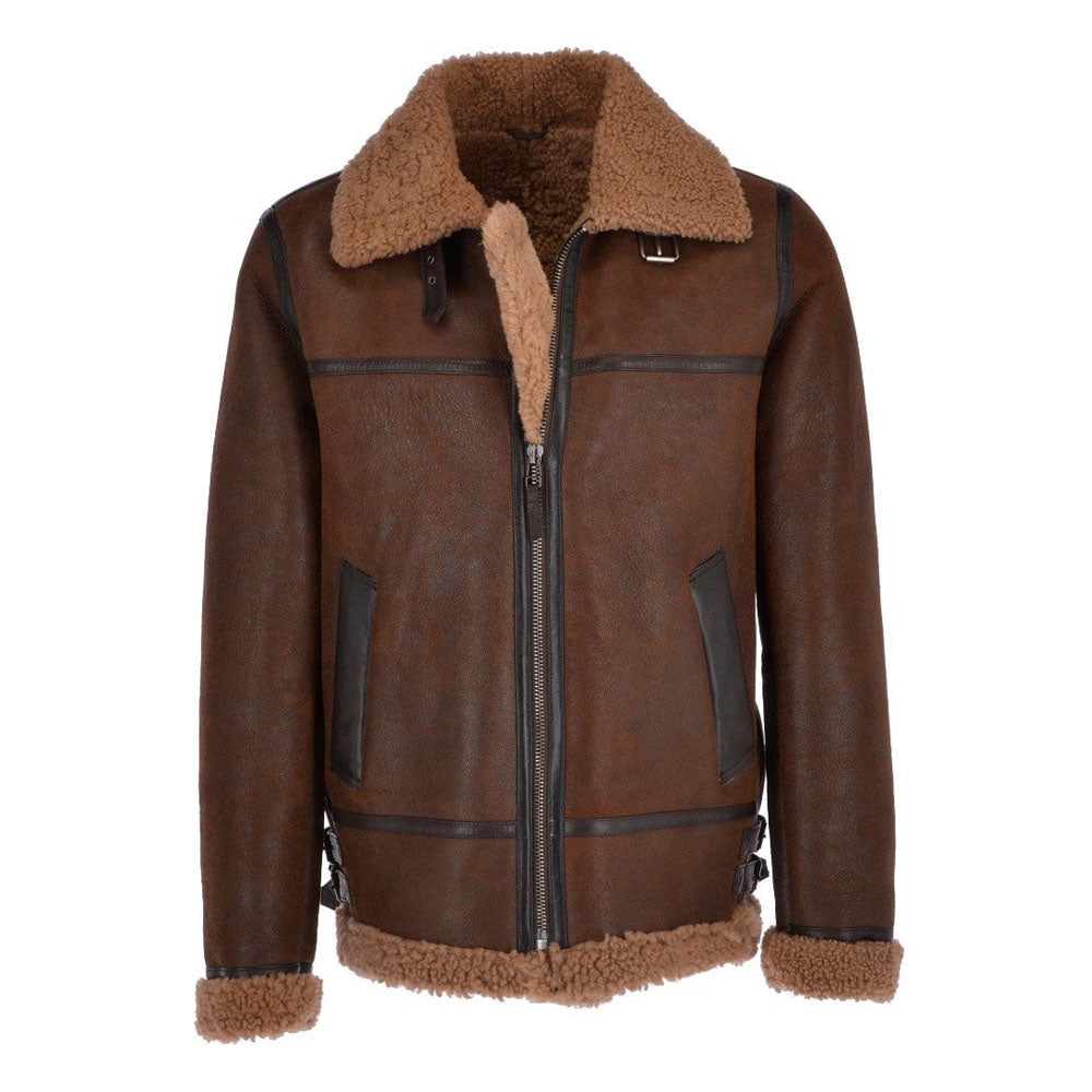 Front view of men's two-tone antique brown B-3 curly shearling jacket featuring dark espresso leather seam piping and brown curly fur collar
