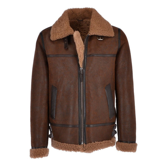 Front view of men's two-tone antique brown B-3 curly shearling jacket featuring dark espresso leather seam piping and brown curly fur collar