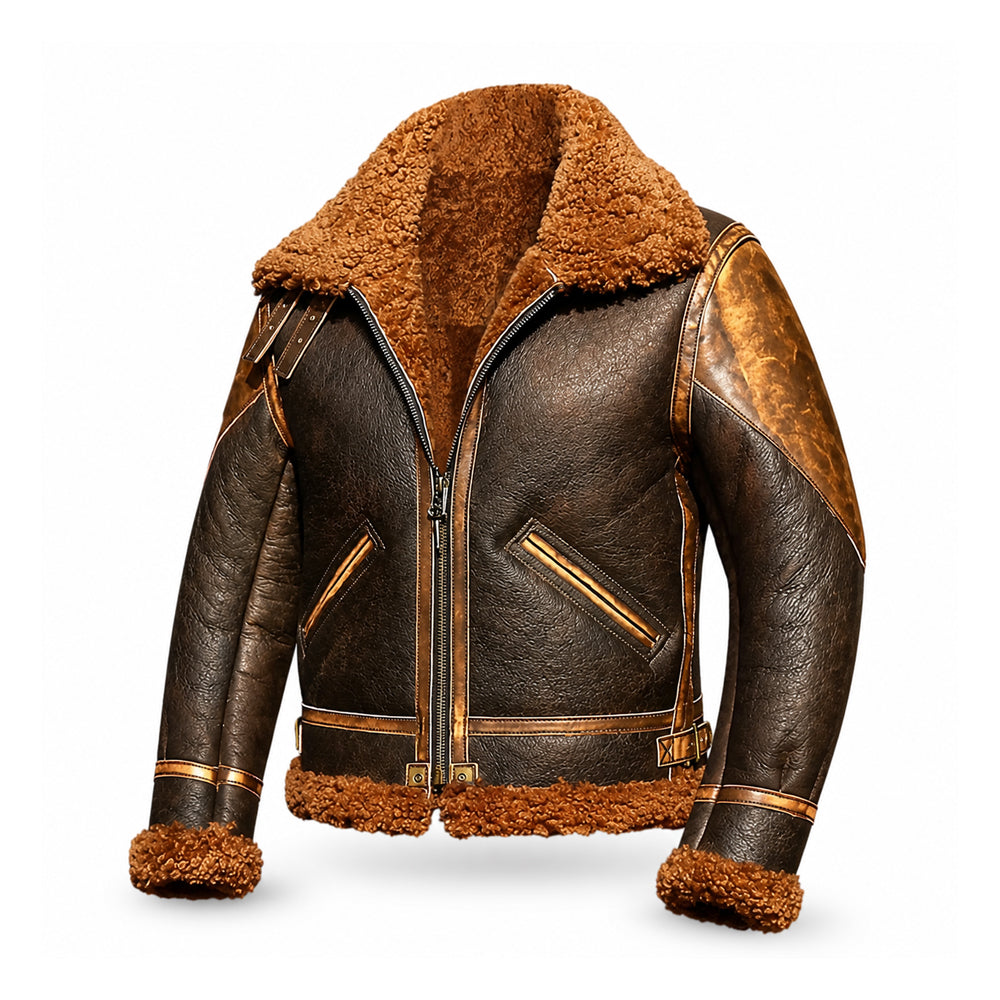 Front three-quarter view of men’s two-tone brown B3 shearling bomber jacket with cinnamon collar and angled pockets