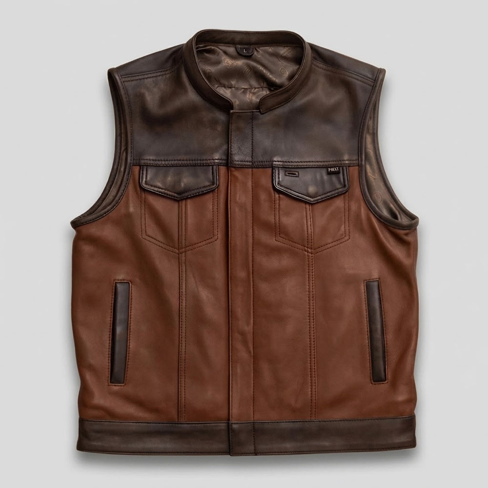 Front view of men's two-tone lambskin leather biker vest with roll collar, covered closure and four pockets