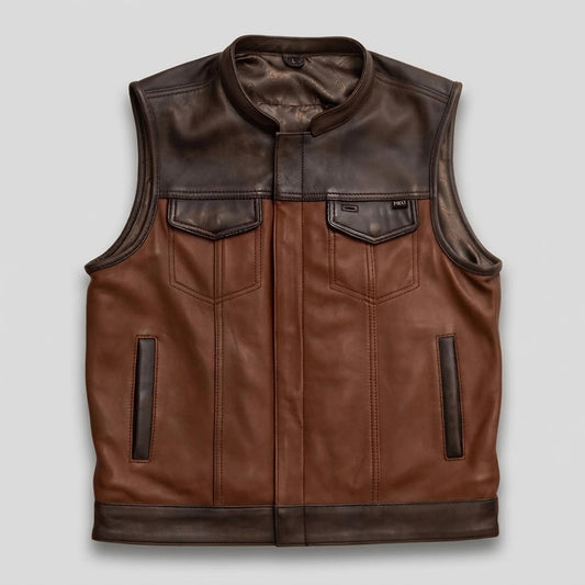 Front view of men's two-tone lambskin leather biker vest with roll collar, covered closure and four pockets