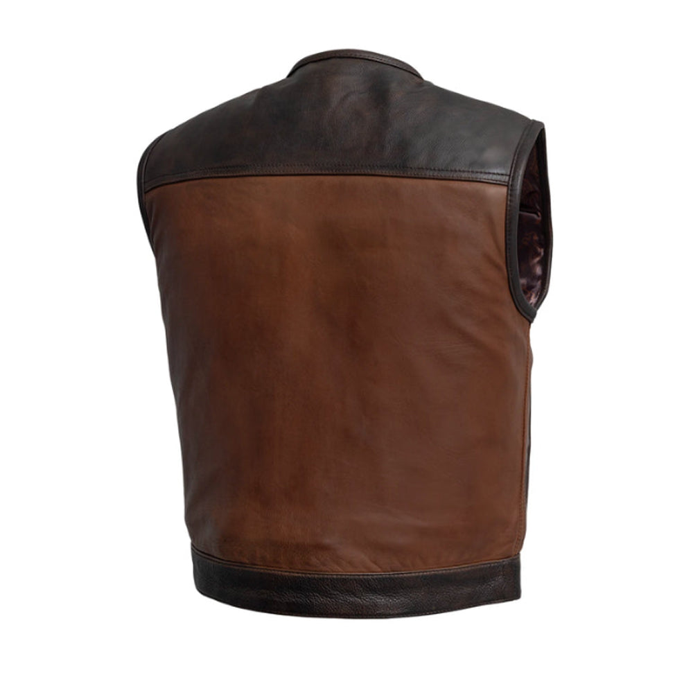 Back view of men's two-tone motorcycle leather vest with a clean cognac panel for club patches
