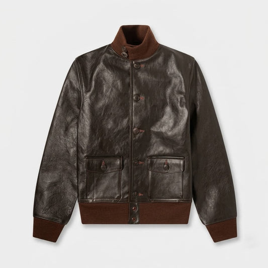 Front flat lay view of men's Type A-1 espresso brown full-grain leather bomber jacket showing 7-button placket and flap cargo pockets.