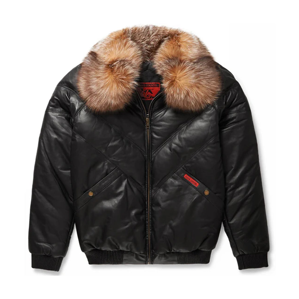 Full front display of the Goose Country men's black leather V-bomber jacket featuring chevron bubble quilting and a plush crystal fox fur collar.