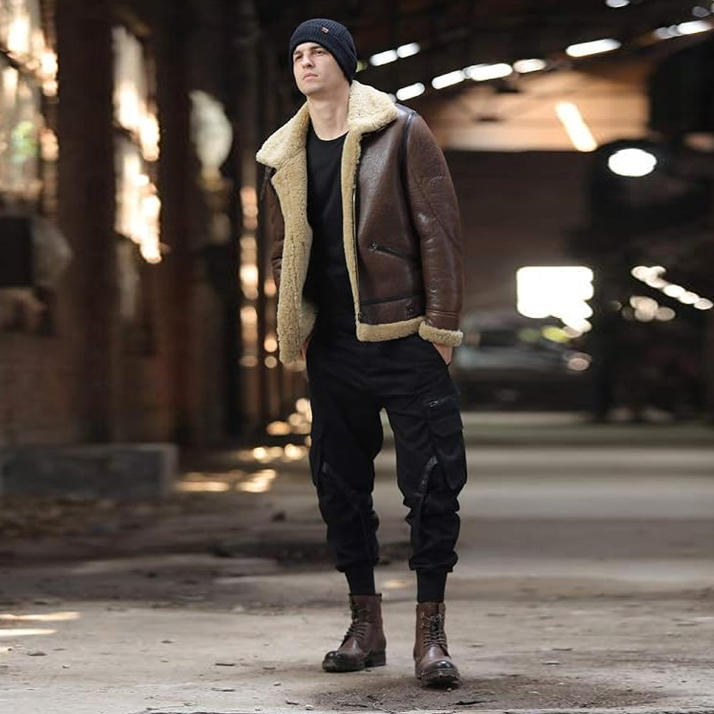 Full Look of Men's Vintage B-3 Flyer's Jacket in Warehouse Setting