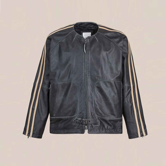 Front view of men’s vintage black cowhide track jacket with cream double sleeve stripes, curved zip pockets and buckled waist tab