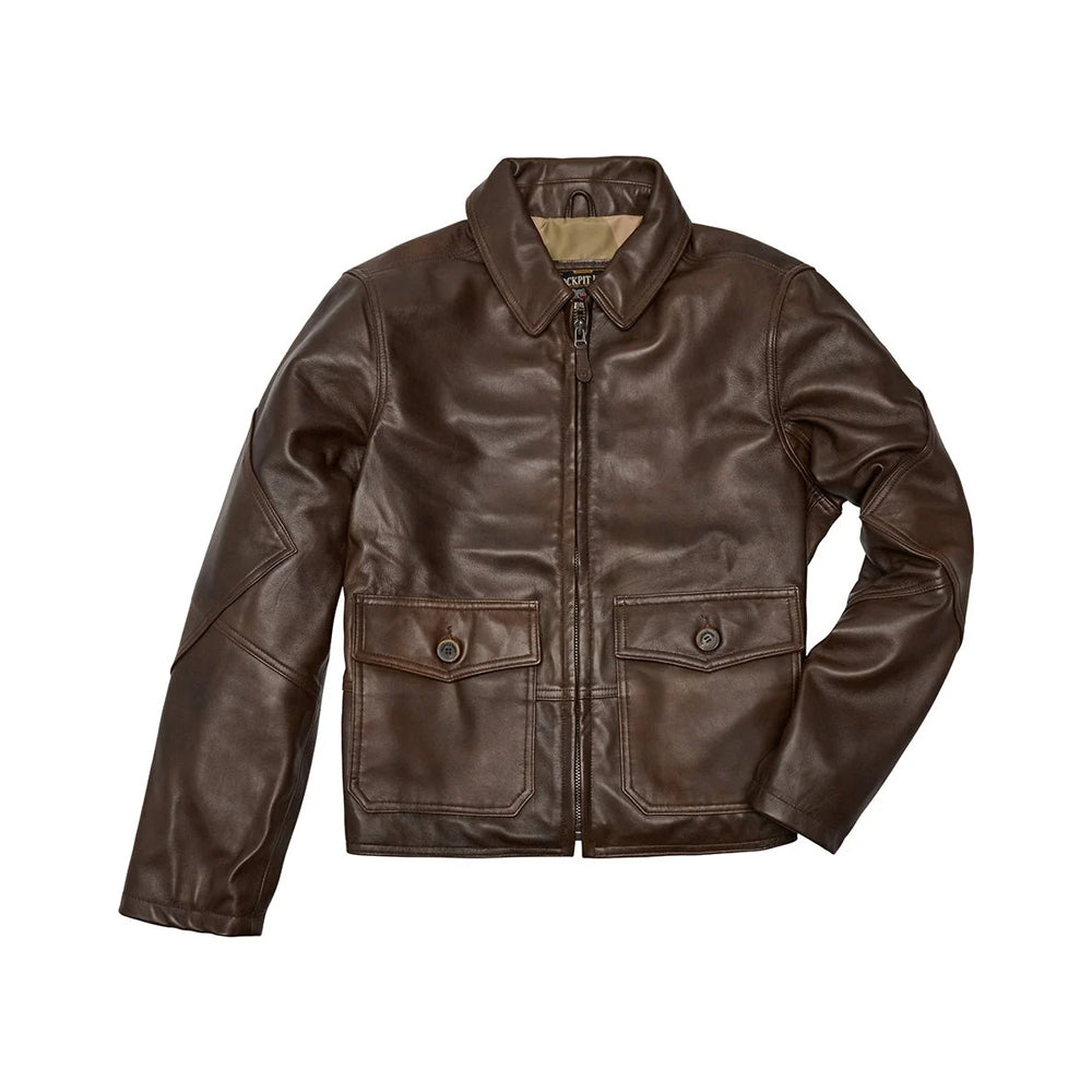 Front view of men’s vintage brown lambskin flight jacket with pointed collar, center zipper and two button-flap pockets.