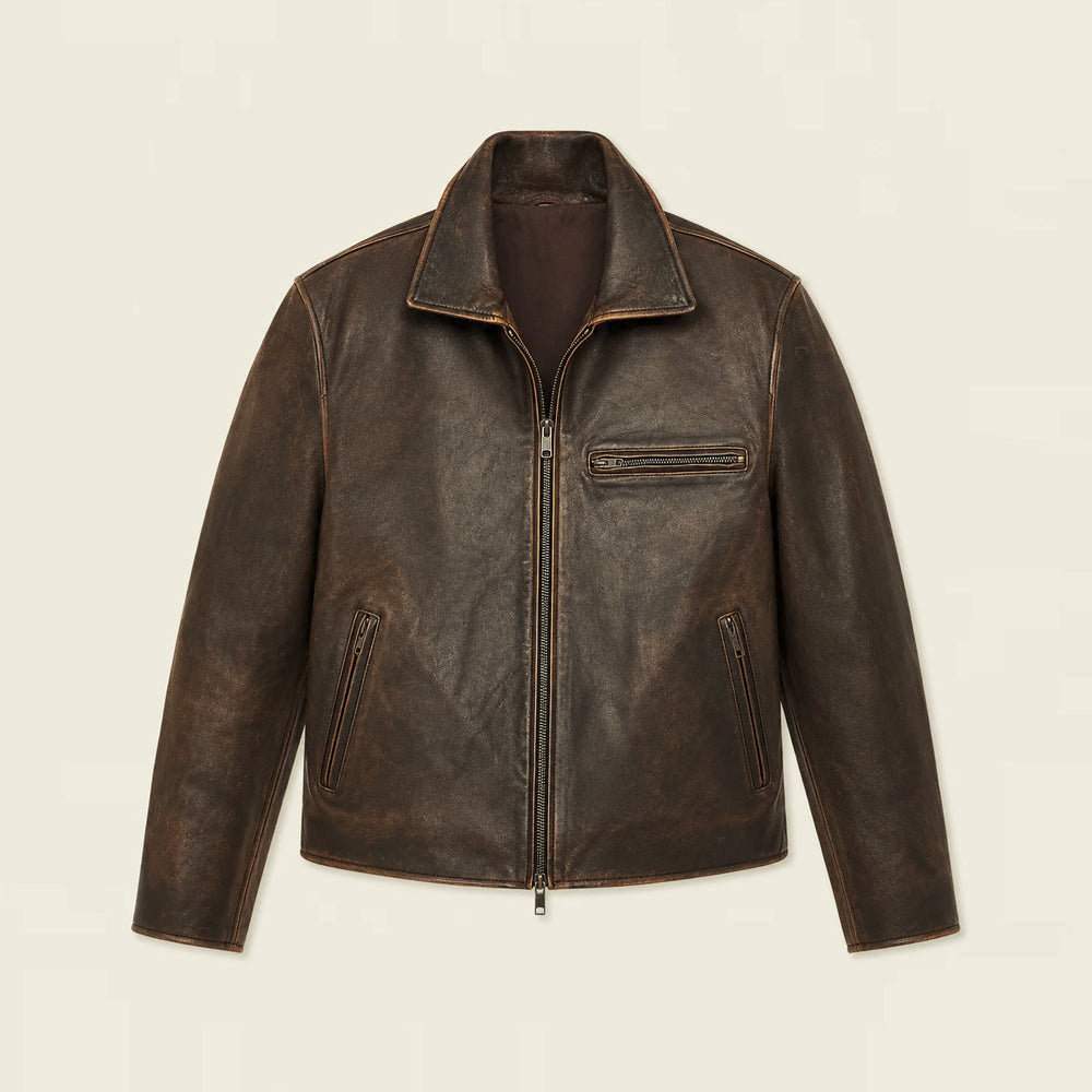 Flat front view of men’s vintage brown leather racing jacket with point collar, straight YKK zipper and three zip pockets