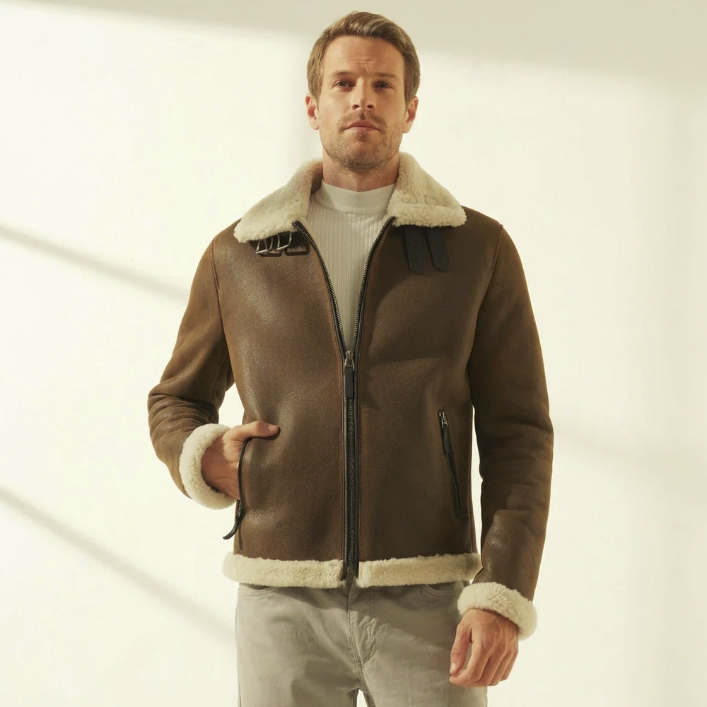 Front model view of the vintage brown aviator jacket with cream shearling trim, dark hardware and clean leather panels