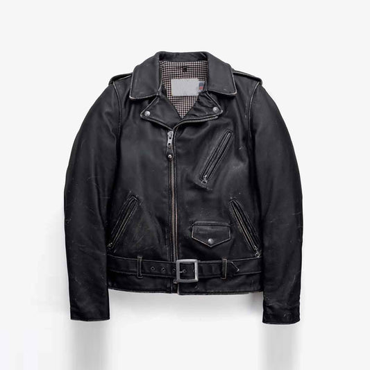 Front view of men’s vintage cowhide motorcycle jacket with distressed black finish, asymmetrical zipper, snap lapels and buckled belt