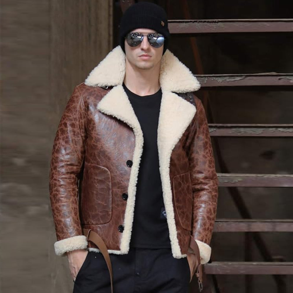 Men's Vintage Crackle Leather Jacket with Cream Shearling Collar
