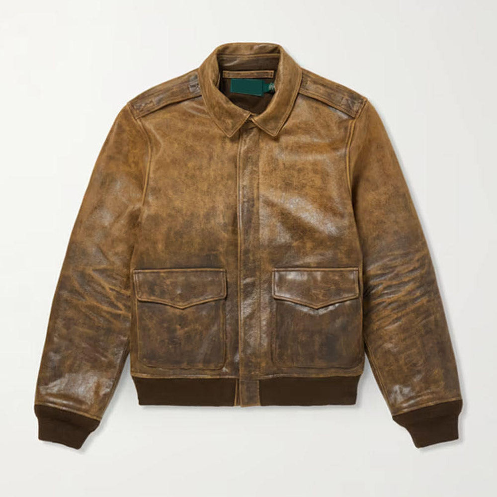 Men's Retro Vintage Distressed Brown Leather Flight Jacket