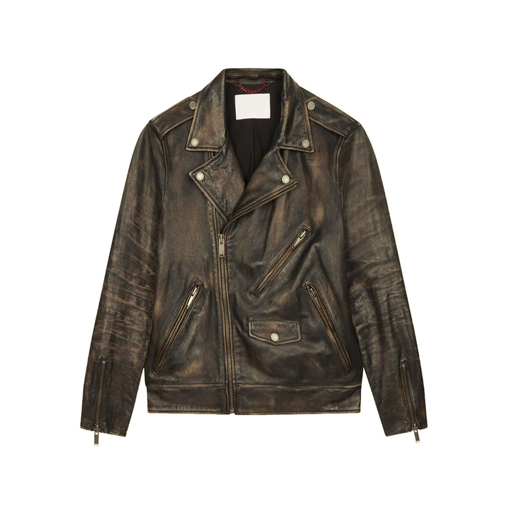 Flat front view of men’s vintage double-rider leather jacket with hand-waxed black-brown cowhide, asymmetric zipper and four pockets