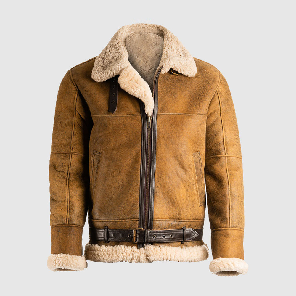 Front view of men's vintage tan B3 shearling leather aviator jacket with plush cream fur collar and full-wrap waist belt
