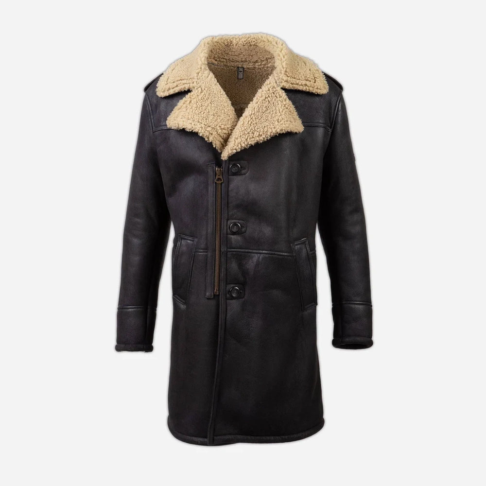 Men's waxed leather shearling car coat with epaulet shoulders and dual zip-button closure, front view