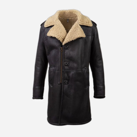 Men's waxed leather shearling car coat with epaulet shoulders and dual zip-button closure, front view