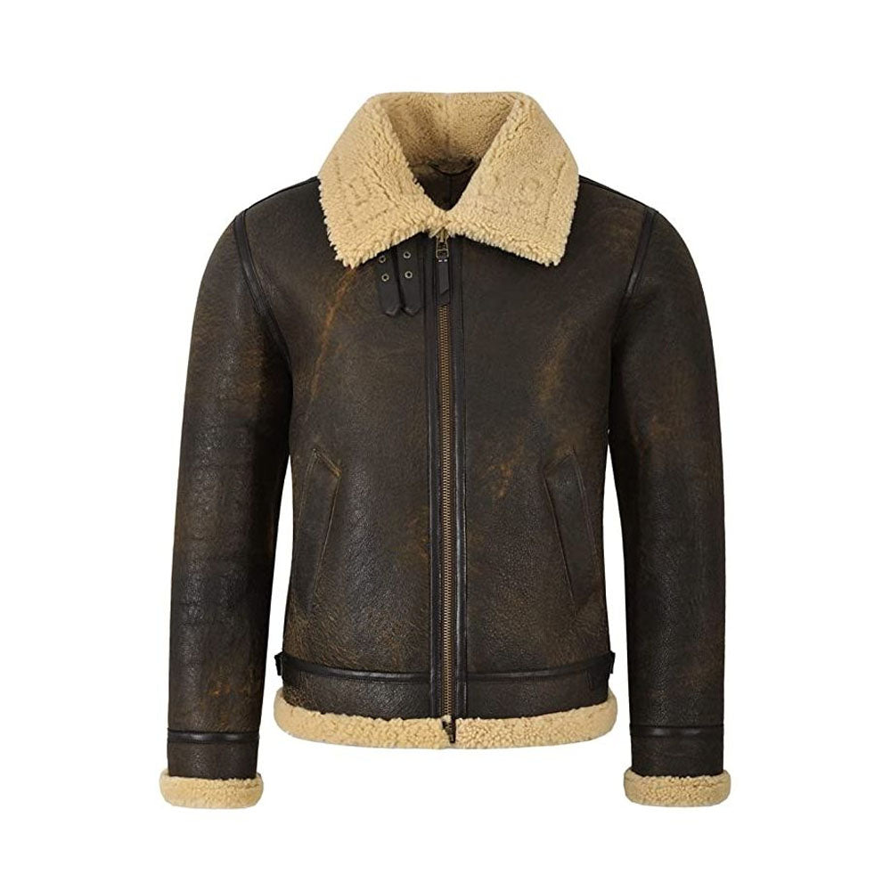 Front view of men's weathered antique brown B-3 flight jacket with cream fur collar, double top stitching, and dark brown piping