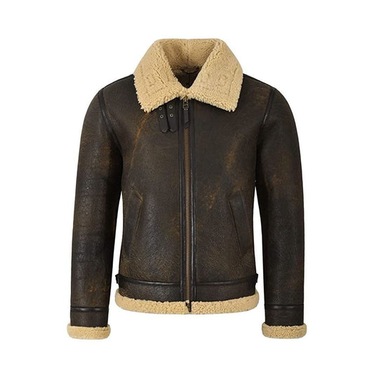 Front view of men's weathered antique brown B-3 flight jacket with cream fur collar, double top stitching, and dark brown piping