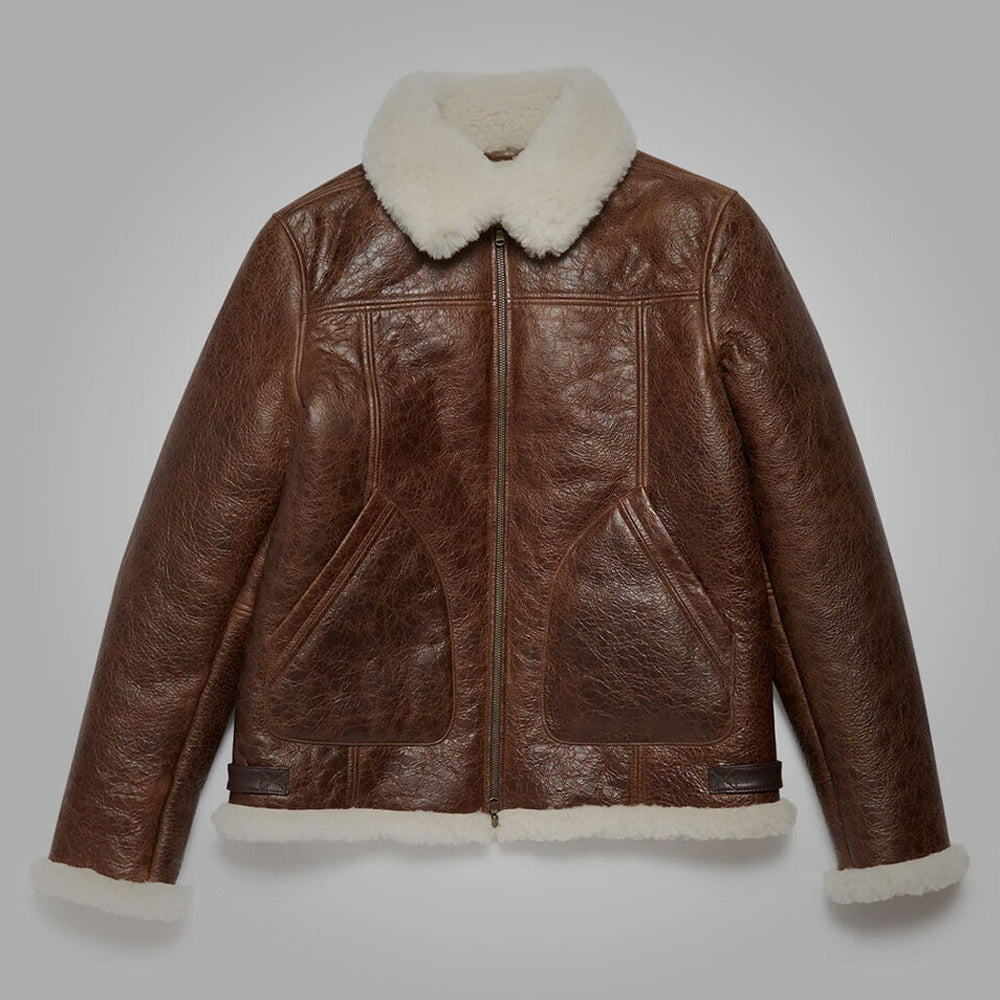 Front flat view of men's weathered antique brown RAF shearling jacket with white fur collar and waist trim