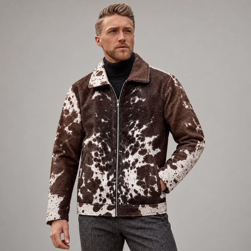 Men’s Western cowhide zip jacket in natural dark brown and cream hair-on-hide leather