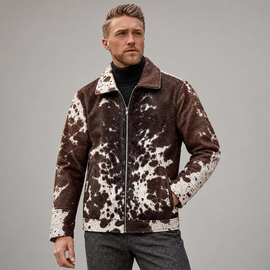 Men’s Western cowhide zip jacket in natural dark brown and cream hair-on-hide leather