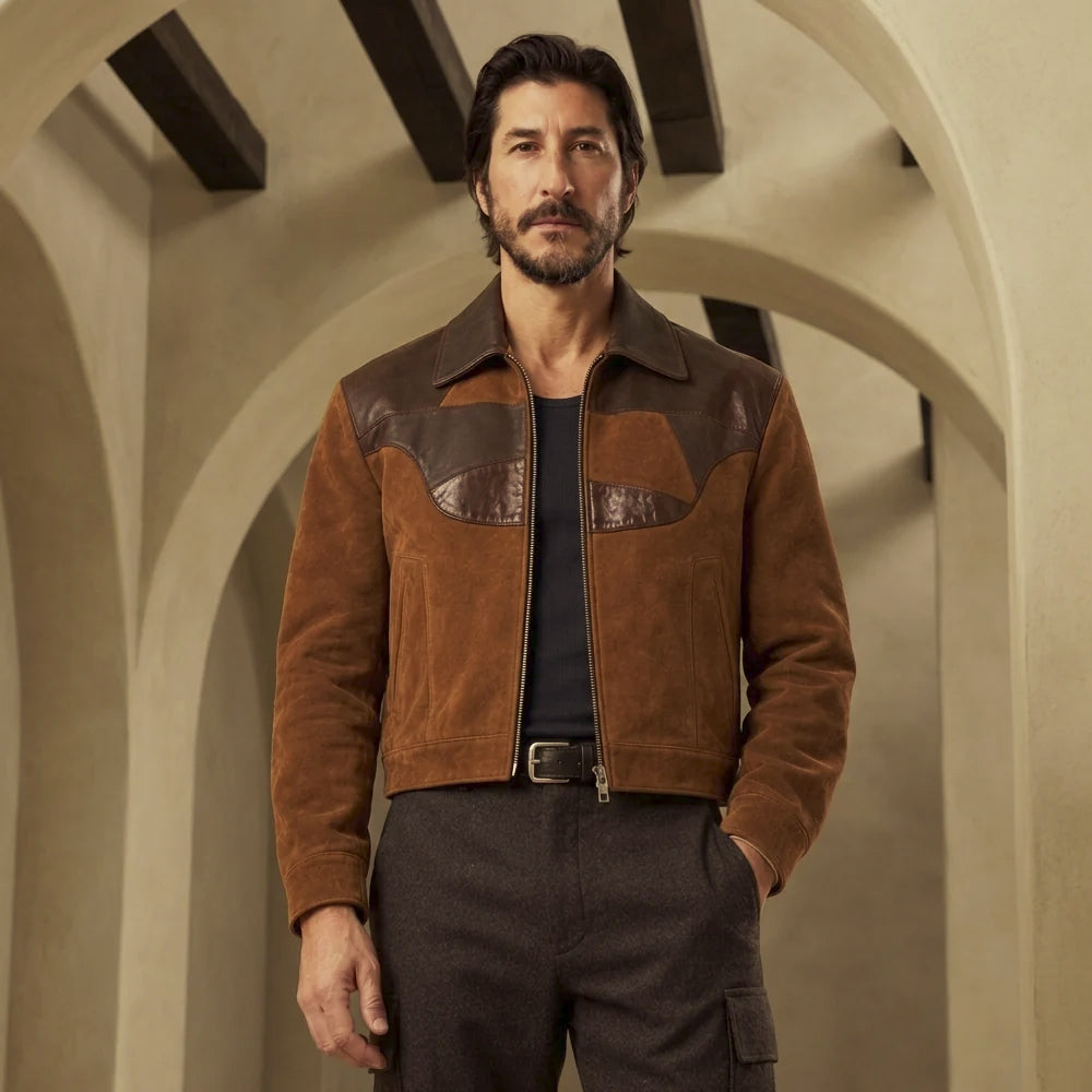 Full front view of men’s Western-yoke suede jacket with cognac shell, chocolate contrast panels and two vertical welt hand pockets.