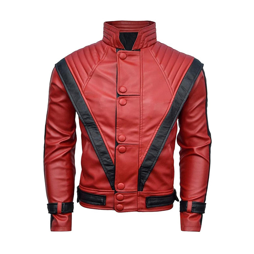 Front view of Michael Jackson inspired red Thriller cowhide jacket with black V bands