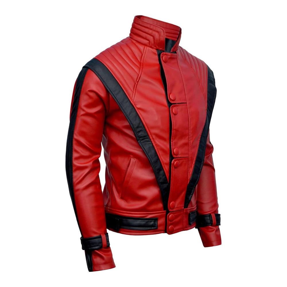 Three-quarter view of Michael Jackson inspired snap-front red leather jacket