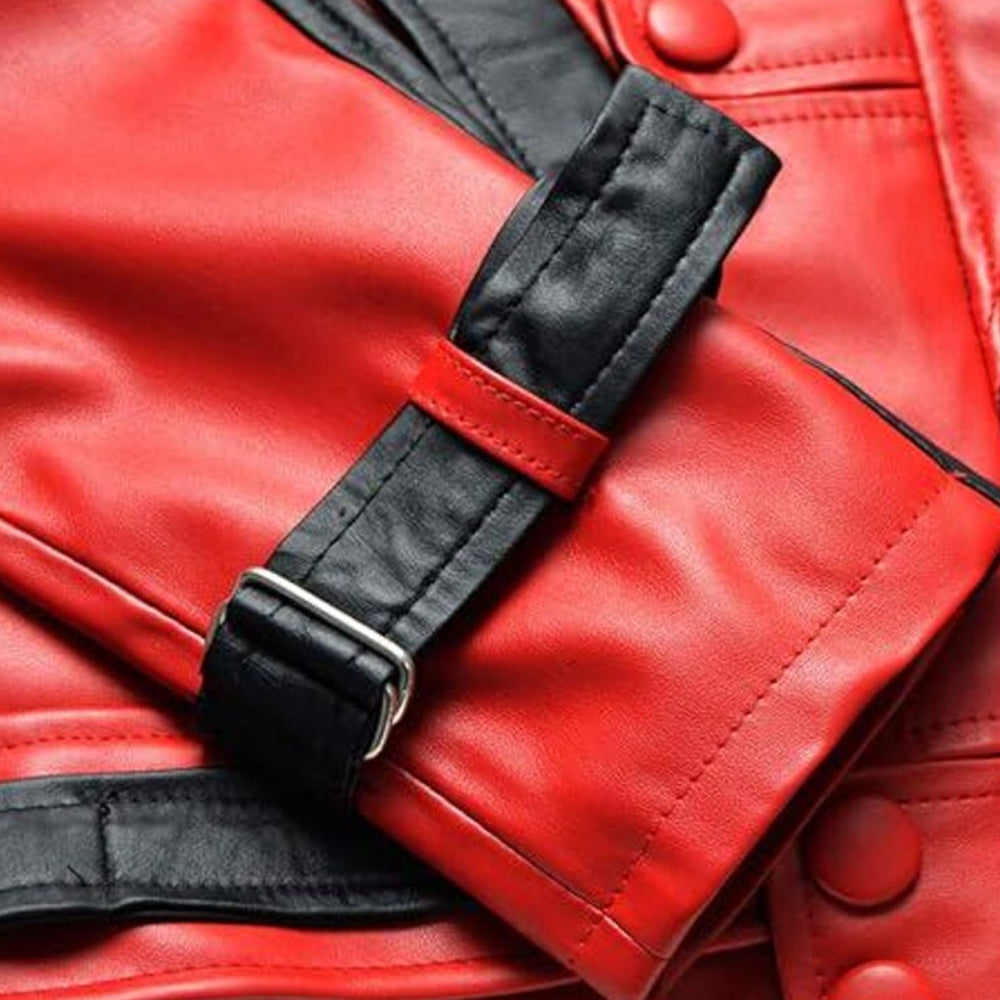 Close-up of adjustable black buckle cuff on red Michael Jackson inspired jacket