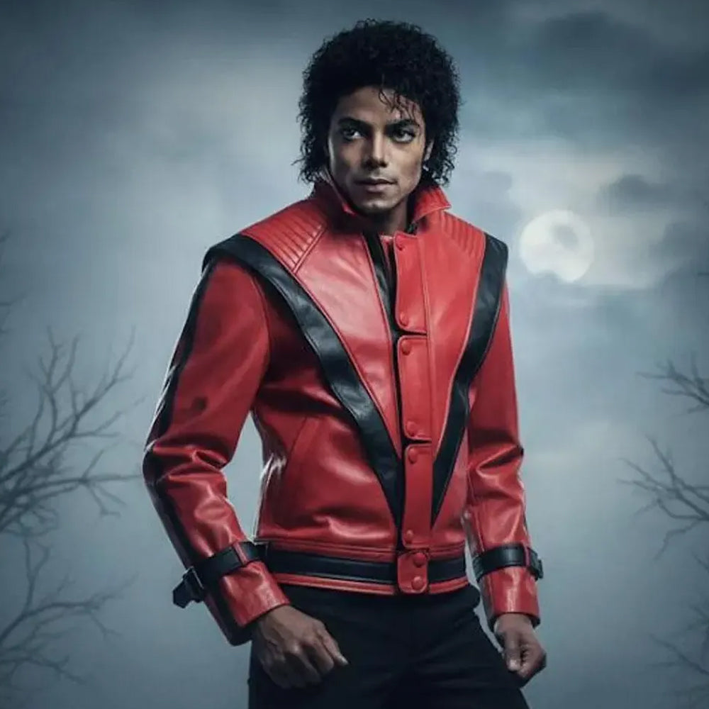 Michael Jackson inspired red Thriller jacket styled in a moonlit Halloween scene