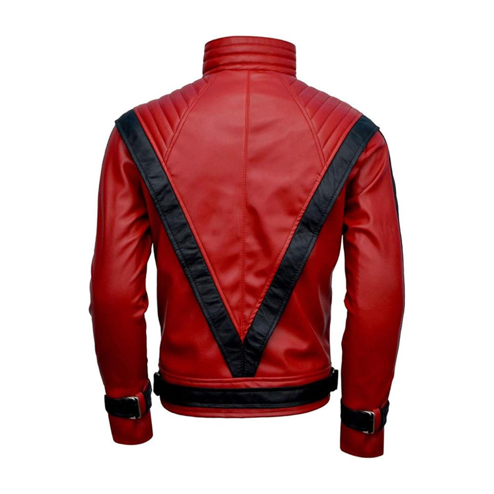 Back view of red Thriller leather jacket with large black inverted-V overlays