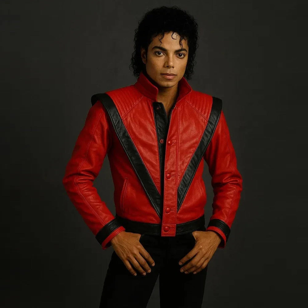 Michael Jackson wearing the iconic red and black Thriller performance jacket