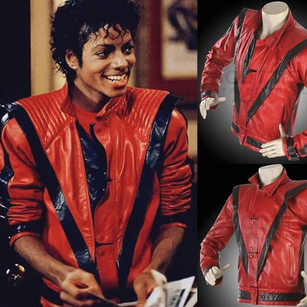 Michael Jackson red Thriller jacket reference beside replica leather jacket views