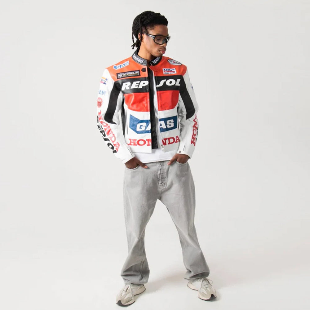 Street Style Look with Repsol Honda Leather Jacket and Grey Jeans