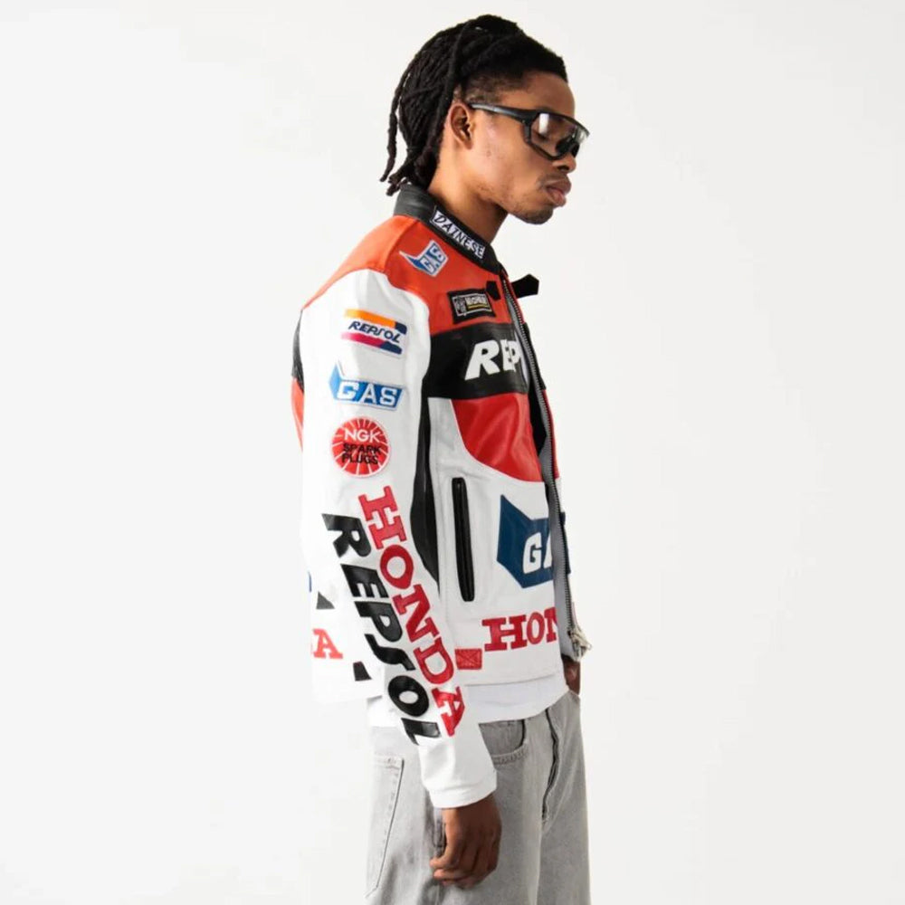 Model Wearing Repsol Honda Jacket with Detailed Side Arm Graphics