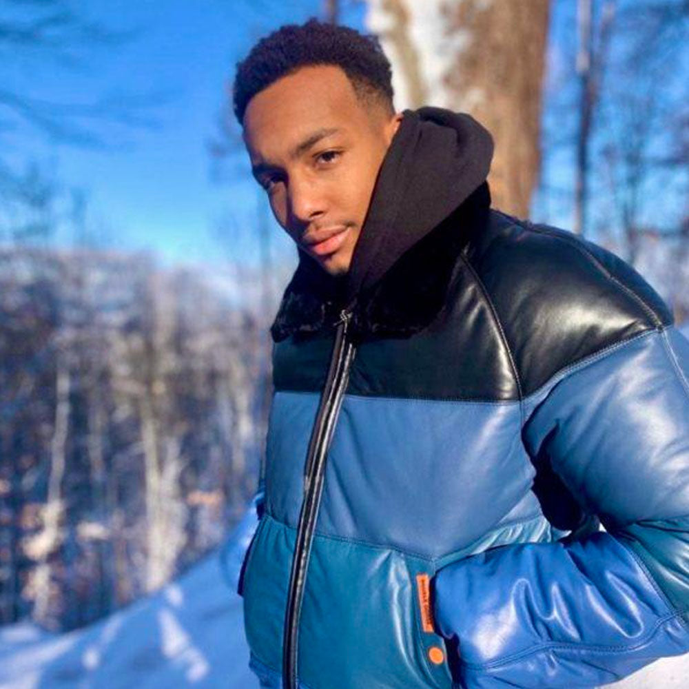 Side profile view of a model wearing the blue gradient Double Goose leather jacket, highlighting the ombré effect.
