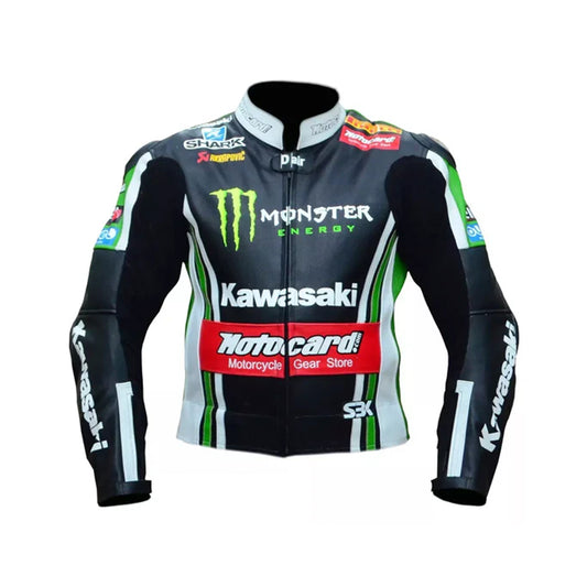 Front view of the Monster Energy Kawasaki Motocard leather racing jacket with Shark and Akrapovic sponsor patches.