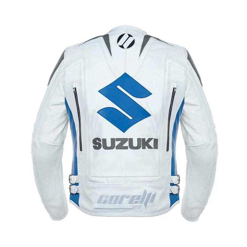 Back View of White Suzuki Racing Jacket with Large Blue Suzuki Logo
