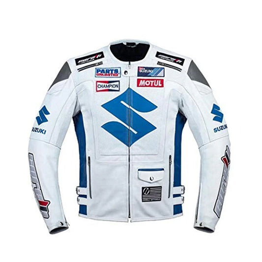 Front of Motul White Suzuki Leather Jacket with Blue Branding Logos
